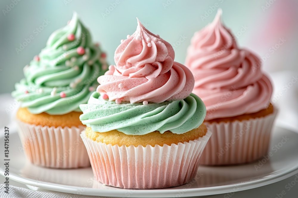 Three pastel-colored birthday cupcakes with swirled frosting, placed on a white plate against a soft background Three pastel-colored birthday cupcakes with swirled frosting, placed on a white plate against a soft background
