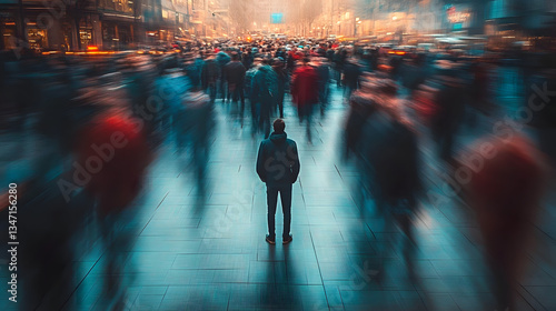 A person standing in a crowded urban environment, with blurred figures rushing by, creating a feeling of isolation and anxiety amidst chaos