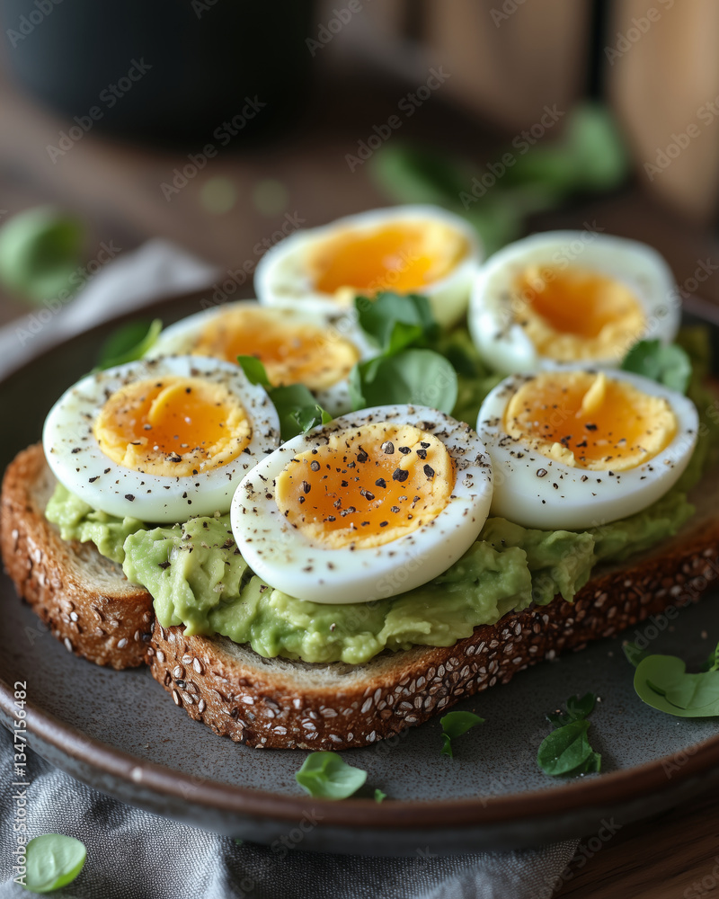 Open-faced sandwich showcasing avocado and soft boiled eggs on rustic toast Open-faced sandwich showcasing avocado and soft boiled eggs on rustic toast