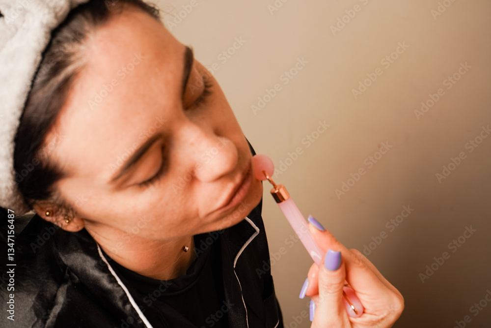 Obraz premium Anti-aging skin massage, close-up. Home beauty treatments. In a headband holding her hair, a girl is giving herself a facial massage with a gouache stone. A facial massage roller in a woman's hands.