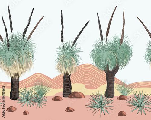 Xanthorrhoea tree and mountains landscape seamless pattern. The Grass tree, native Australian endemic flora. Vector background