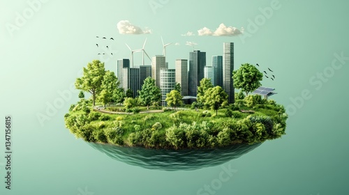 Sustainable city island, eco-friendly urban landscape, floating park, wind turbines