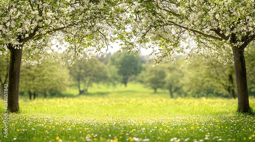 Blossoming trees frame a vibrant green grassy meadow scene