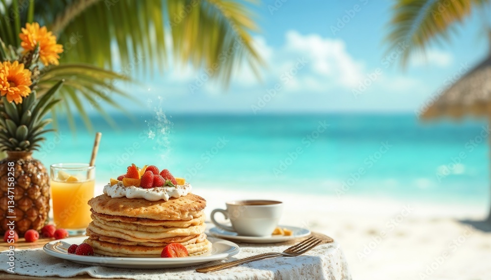 Fototapeta premium Delicious pancakes with strawberries served by the beach with tropical view
