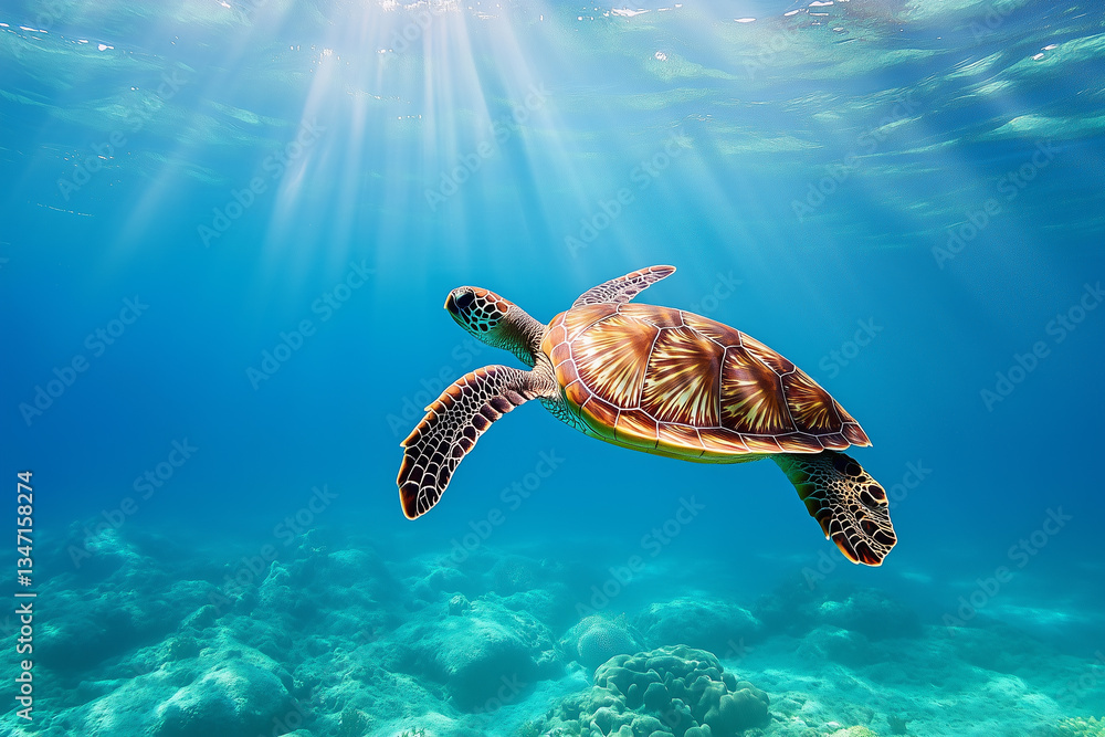 Obraz premium Turtle underwater, blue sea 