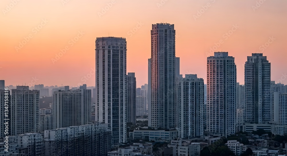 The sun rising behind a city skyline, with soft light illuminating tall buildings and the sky turning pink, AI Generated The sun rising behind a city skyline, with soft light illuminating tall buildings and the sky turning pink, AI Generated