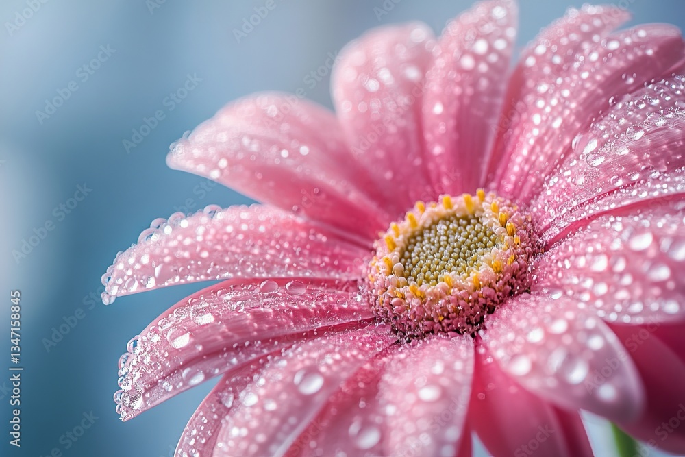 Close-up of a pink daisy with water droplets on its petals against a soft blue background Close-up of a pink daisy with water droplets on its petals against a soft blue background