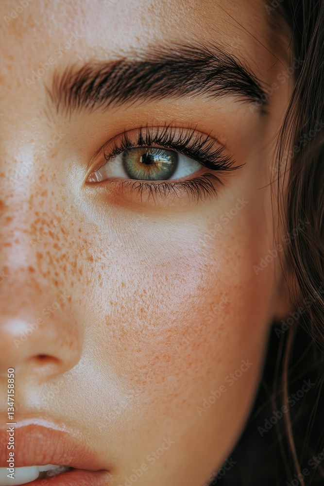 Fototapeta premium Close-up of a woman's face highlighting her eye, freckles, and natural makeup