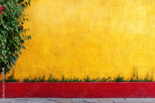 Vibrant yellow wall with red base and greenery