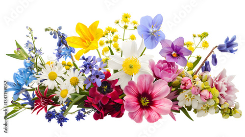 Cluster of spring flowers isolated on a transparent background, detailed photo, png 