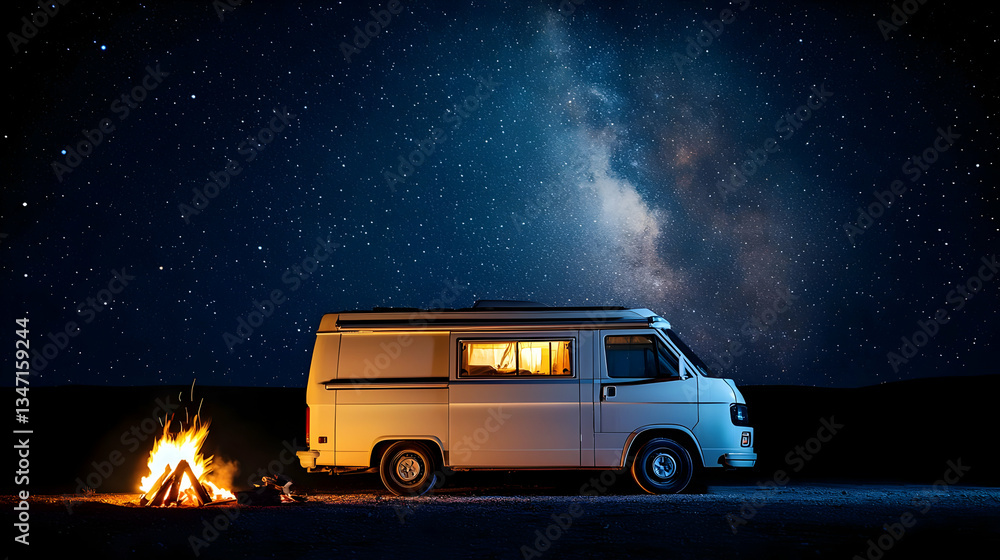 Retro Camper Van Under Starry Night Sky With Campfire Retro Camper Van Under Starry Night Sky With Campfire