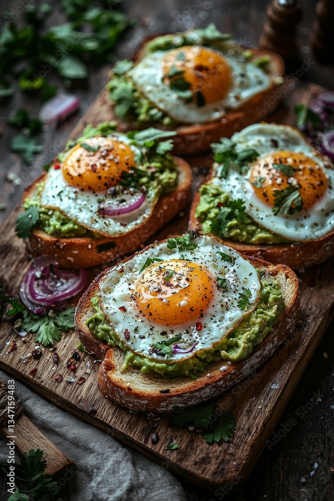 Delicious Toast with Guacamole and Fried Egg - Perfect Breakfast Dish Delicious Toast with Guacamole and Fried Egg - Perfect Breakfast Dish