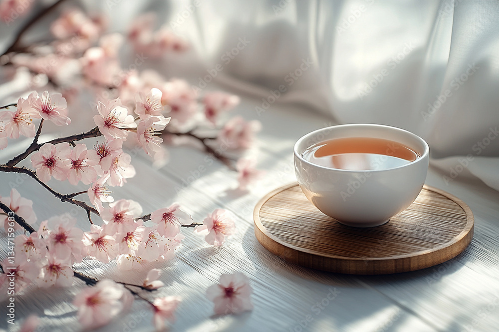Cherry blossoms and tea create a peaceful setting Cherry blossoms and tea create a peaceful setting
