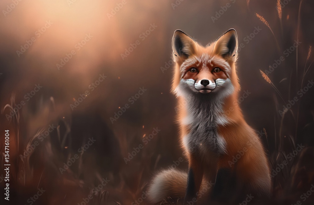 Naklejka premium Smiling fox in autumnal meadow at sunrise