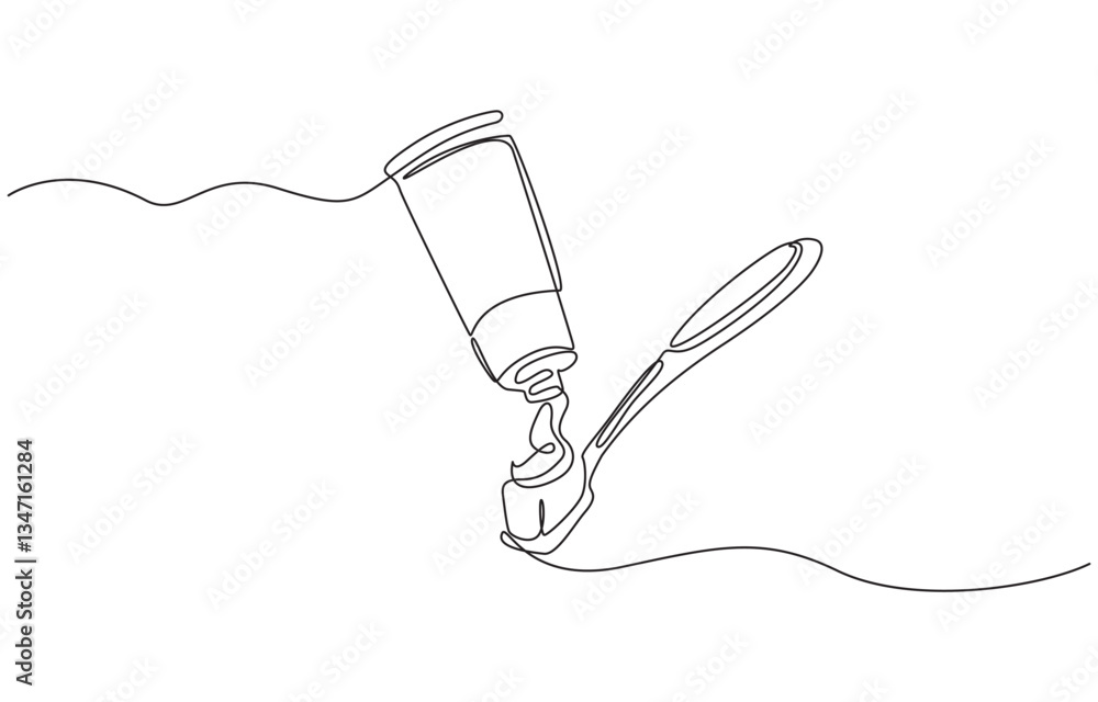Obraz premium One continuous single drawing line art flat doodle dental, care, tooth, toothbrush, Line art, one continuous line, Continuous line drawing toothbrush with toothpaste.