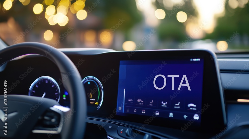 Car dashboard display showing ota firmware update in progress, highlighting modern automotive technology and connectivity