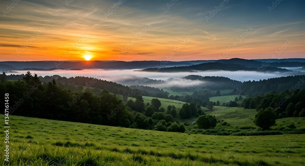 Obraz premium The sun rising behind distant hills, with a soft mist rolling over a lush green valley, AI Generated