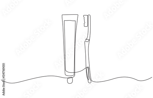 One continuous single drawing line art flat doodle dental, care, tooth, toothbrush, Line art, one continuous line, Continuous line drawing toothbrush with toothpaste.