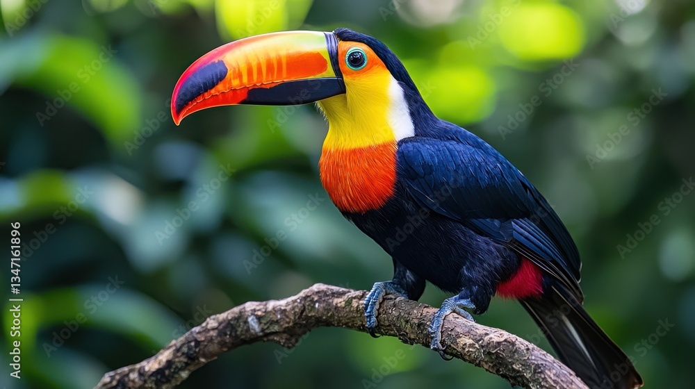Fototapeta premium Colorful toucan perched on branch in lush rainforest