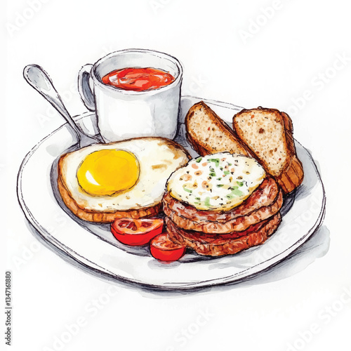 watercolor copic marker concept sketch of  breakfast Full English