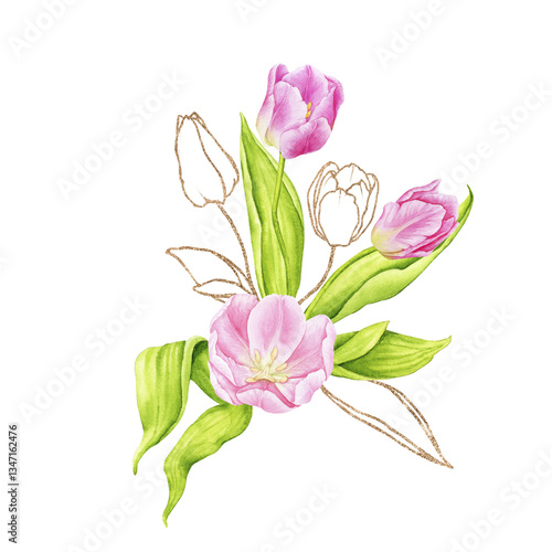 Watercolor bouquet of pink tulips with gold. Composition for cards, greeting cards, posters, invitations. Spring, Wedding, Mother's Day, Easter, Women's Day, Birthday. Hand drawn illustration.
