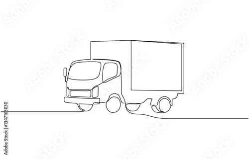 Continuous one line drawing of cargo truck transport Delivery truck in single line draw illustration, Car mini puckup truck with 4 seats. Side view, Continuous one line drawing.