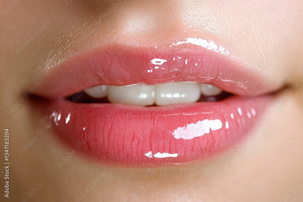 Naklejka premium Young woman glowing with glossy lips expresses joy in a bright moment Generative AI