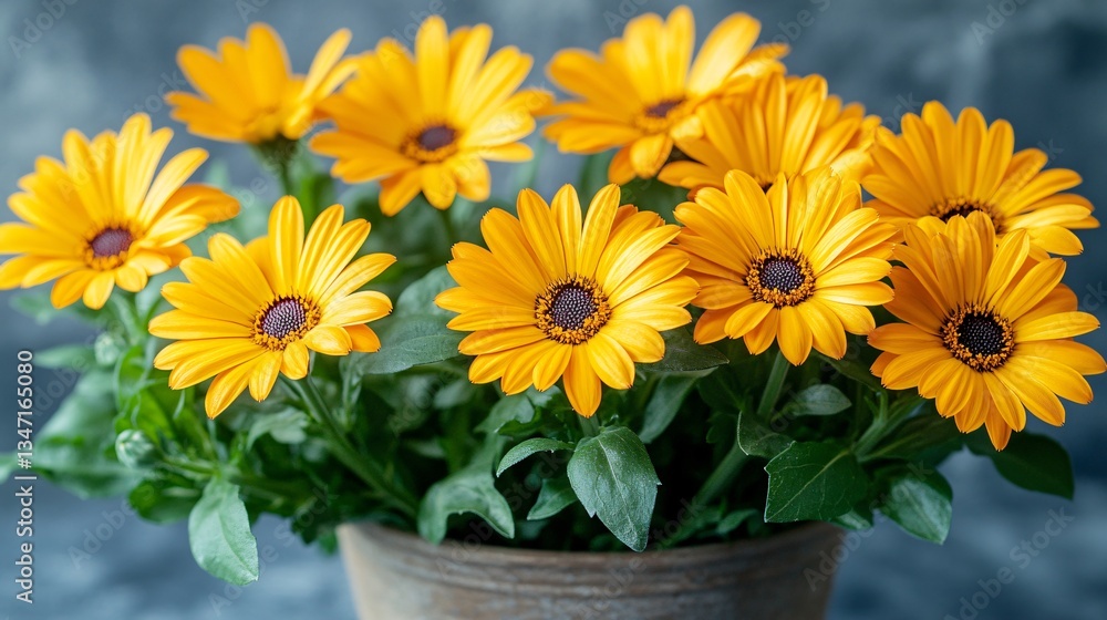 Obraz premium Vibrant yellow daisy flowers blooming in a decorative ceramic pot 