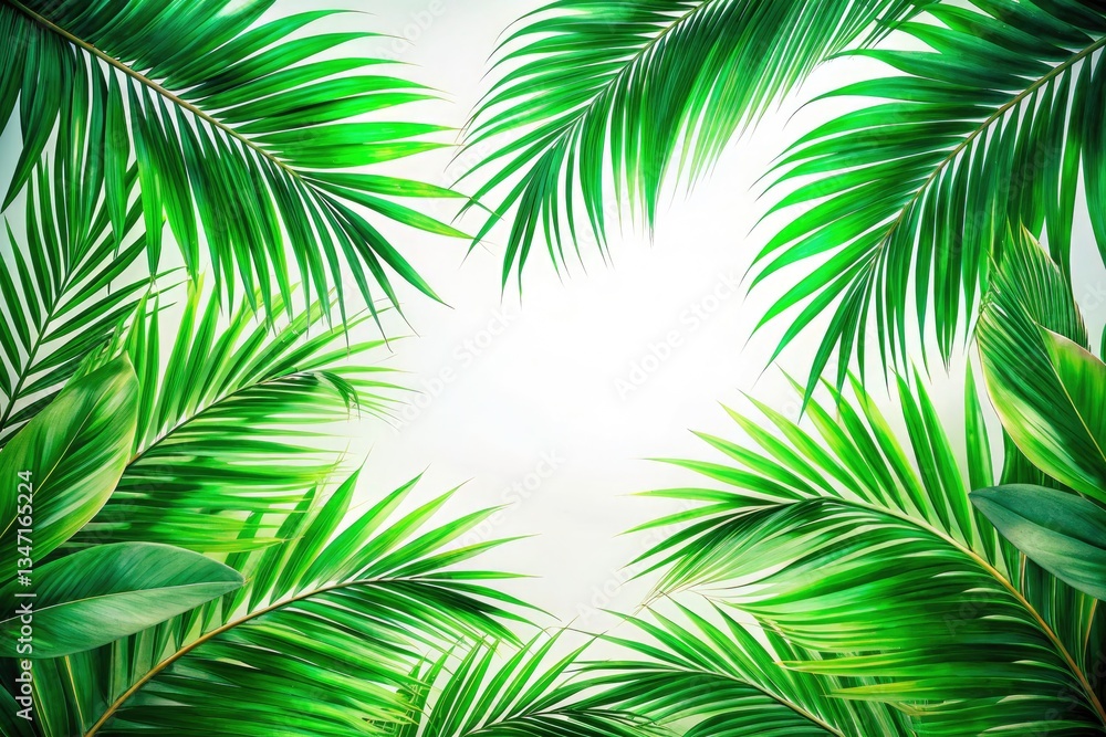 Fototapeta premium Palm Leaf Frame, White Background, Tropical Portrait Photography, Lush Greenery, Clean Minimalist Backdrop