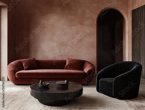 Living room interior with accent lounge sofa and dark microcement concrete wall background for art. Elegant dark interior design. AI
