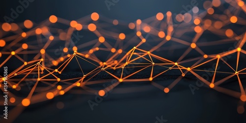 A bridge for data connection. Abstract digital network with orange nodes and lines on a dark background.