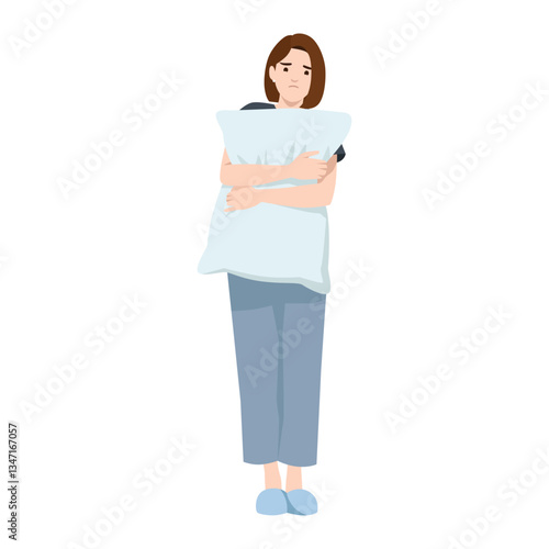 Sad woman in pajamas hugs a pillow, seeking comfort and warmth in solitude. Flat vector illustration isolated on white background