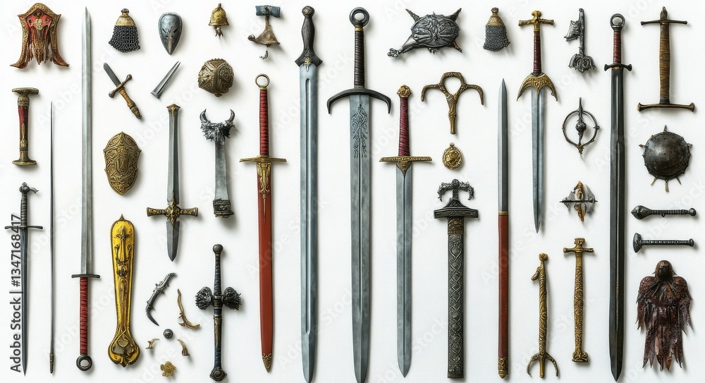 Fototapeta premium Collection of Medieval Weapons and Armor on White Background
