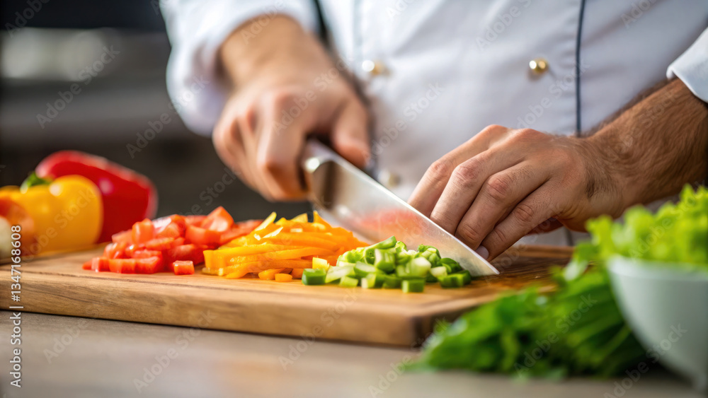 Fresh vegetables are being sliced skillfully by chef in kitchen, showcasing culinary expertise and precision Fresh vegetables are being sliced skillfully by chef in kitchen, showcasing culinary expertise and precision