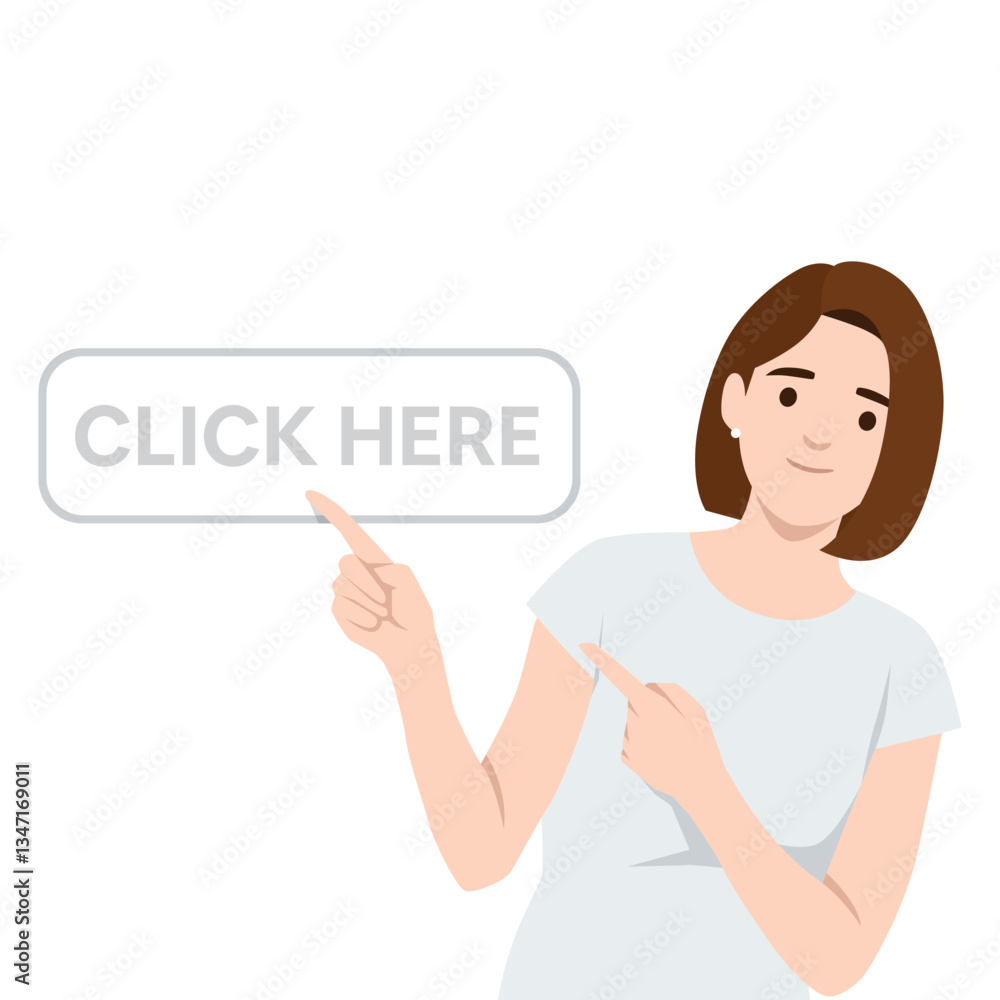 Woman confidently points at a CLICK HERE button, encouraging interaction and engagement. Flat vector illustration isolated on white background Woman confidently points at a CLICK HERE button, encouraging interaction and engagement. Flat vector illustration isolated on white background