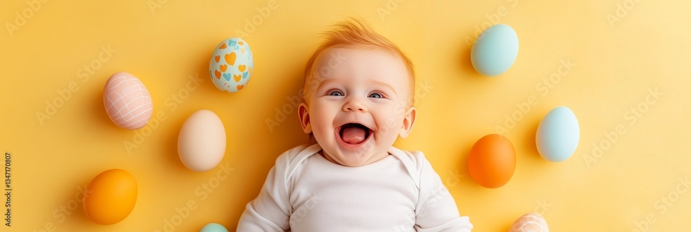 Fototapeta premium Happy baby surrounded by pastel Easter eggs.