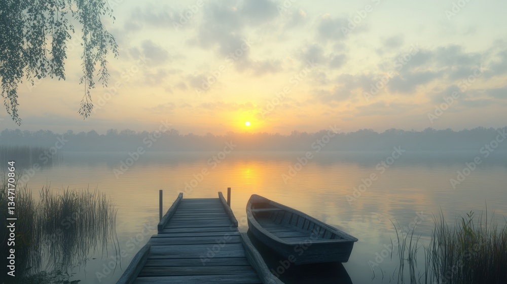 Obraz premium A calm sunrise over the lake with a dock and boat