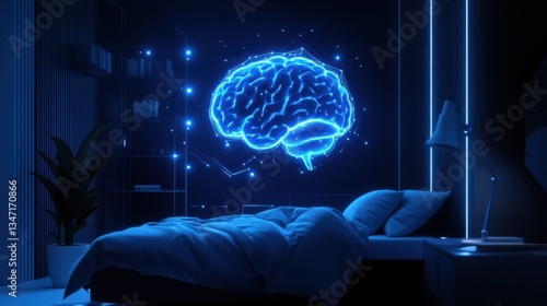 AI-powered sleep assistant optimizing bedroom environment, visualizing brain activity with glowing holograms and soft ambient lighting at night.