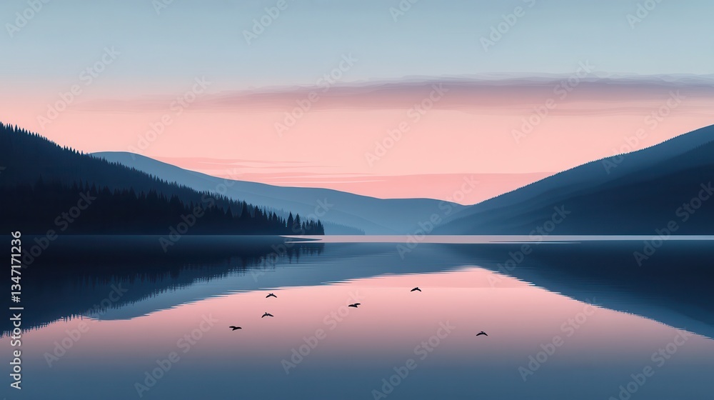 Fototapeta premium Serene Pink Sunrise Lake Reflection with Birds Flying, and Mountain Landscape.