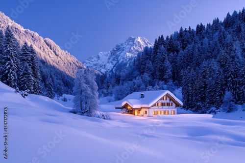 Snowy alpine chalet at dawn, nestled in a valley
