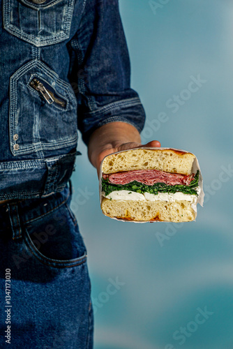 woman in denim jacket holding focaccia bread italian sandwich, porchetta meat, kale, mozzarella, pesto, sun light modern, blue background