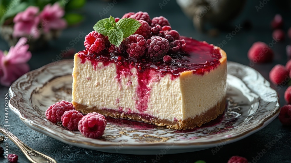 Cheesecake slice topped with fresh raspberries and raspberry sauce Cheesecake slice topped with fresh raspberries and raspberry sauce