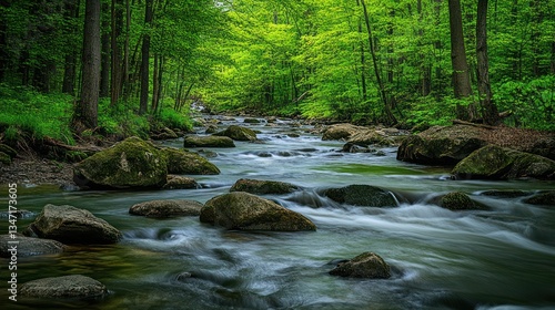 Serene forest stream flows through lush green woods; nature background