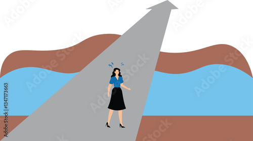 Businesswoman standing backwards and looking forward with white arrow going up over fence, go to the goal of success on the opposite