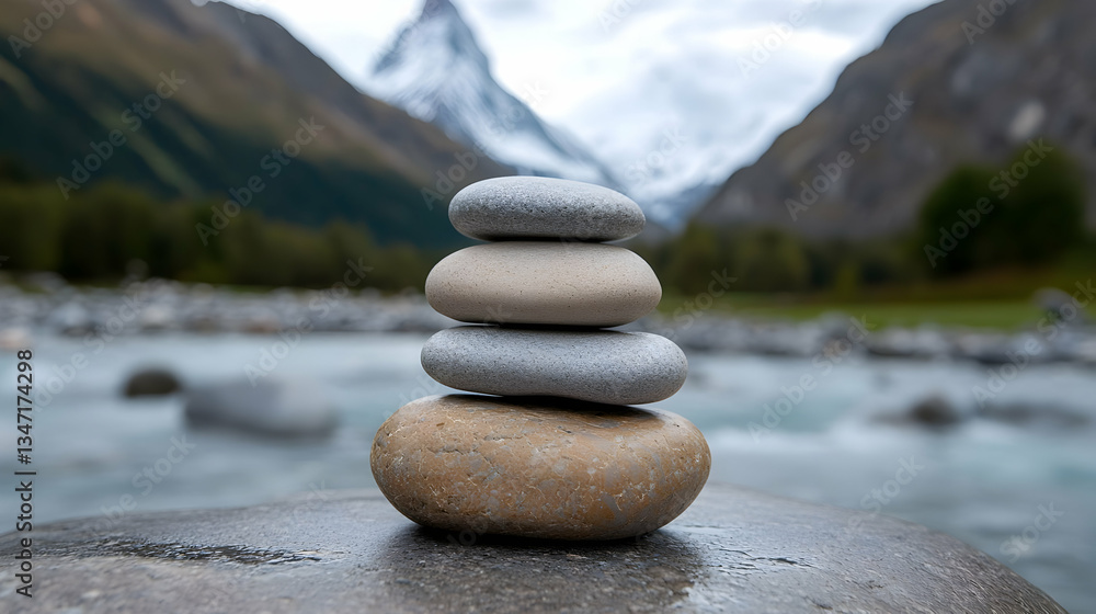 Balanced Stones Stacked Near Mountain River Balanced Stones Stacked Near Mountain River