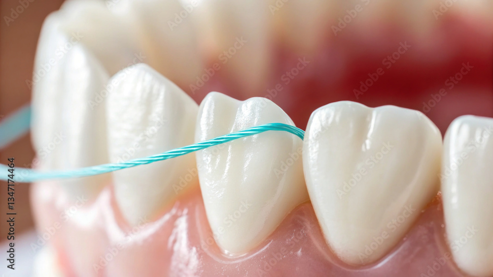 Close up of dental floss sliding between healthy teeth, showcasing oral hygiene and care Close up of dental floss sliding between healthy teeth, showcasing oral hygiene and care