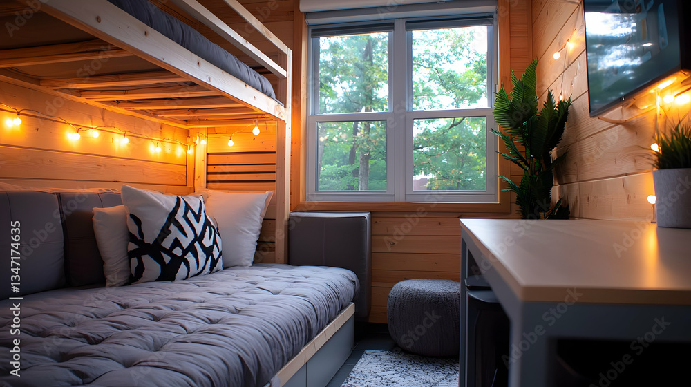Cozy Small Modern Bedroom with Bunk Bed and Wood Paneling Cozy Small Modern Bedroom with Bunk Bed and Wood Paneling