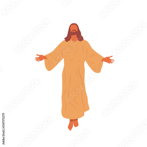 Minimalist illustration of Jesus ascending to heaven, wearing a long robe with outstretched arms, symbolizing hope and divine power. Suitable for church materials and spiritual publications