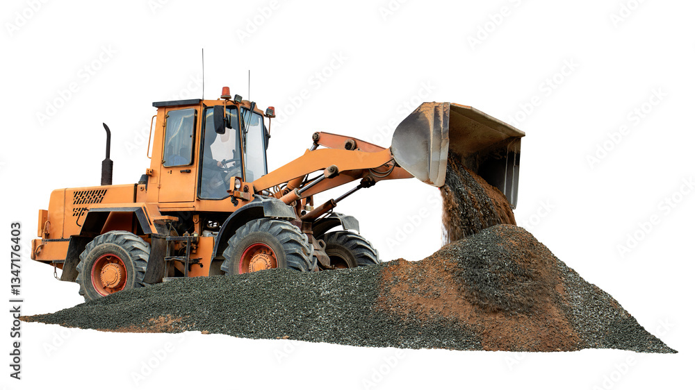 Fototapeta premium A large loader meticulously digs into a mound of gravel, preparing the site for upcoming construction. It is isolated on a white background for design. Construction equipment rental.