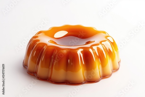 A glossy caramel custard dessert, rich and creamy, sits on a white background.